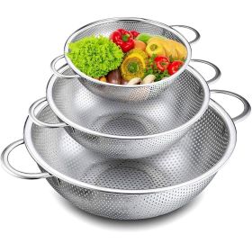 Colander Set of 3, Stainless Steel Micro-Perforated Colanders Strainers for Draining Rinsing Washing, Ideal for Pasta Vegetables Fruits, Heavy Duty &