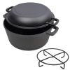 2 in 1 Pre-Seasoned Cast Iron Dutch Oven With Dual Handles, Outdoor Camping Deep Pot for Camping Fireplace Cooking BBQ Baking Campfire, 5 Quart.With 1
