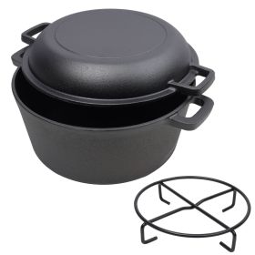 2 in 1 Pre-Seasoned Cast Iron Dutch Oven With Dual Handles, Outdoor Camping Deep Pot for Camping Fireplace Cooking BBQ Baking Campfire, 5 Quart.With 1