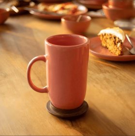 13.5 OZ Ceramic Peach Coffee Mug with Wooden Lid – Elegant & Functional Drinkware