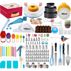398pcsCake Decorating Supplies Kit, Baking Tools Set for Cakes – 3 Packs Springform Cake Pans Cake Rotating Turntable 48 Numbered Piping Icing Tips 4