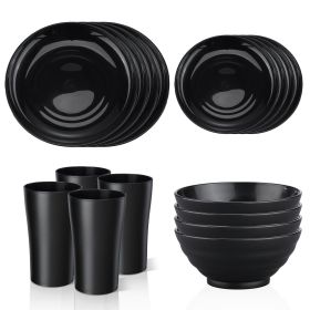 Black Dinnerware Set for 4, 16 Pack Plastic BPA-Free Dinner Plates, Salad Plates, Cereal Bowls, Cups, Unbreakable Plates and Bowls Sets, Microwave and
