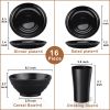 Black Dinnerware Set for 4, 16 Pack Plastic BPA-Free Dinner Plates, Salad Plates, Cereal Bowls, Cups, Unbreakable Plates and Bowls Sets, Microwave and