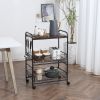HOMCOM 24" Brown 3-Tier Rolling Kitchen Cart, Utility Storage Trolley with Basket Drawers & Side Hooks