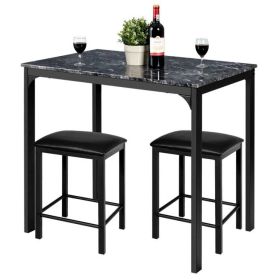 Modern 3-Piece Dining Set Table-Top and 2 Black Chairs Stools (Option: Black Faux Marble)
