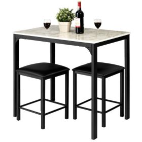 Modern 3-Piece Dining Set Table-Top and 2 Black Chairs Stools (Option: White Faux Marble)