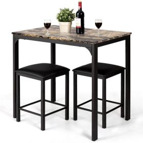 Modern 3-Piece Dining Set Table-Top and 2 Black Chairs Stools (Option: Brown Faux Marble)