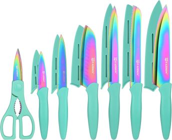 Kitchen Knife Set with Guards, Anti-Rust and Dishwasher Safe (Option: 13 Piece Rainbow Titanium Coated Stainless Steel Boxed Knives Set)