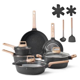 17 Piece Pots and Pans Set Granite Nonstick Kitchen Cookware Induction (Option: Black)
