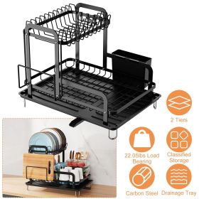 2-Tier Dish Drying Rack for Kitchen Counter Space Saving Rustproof Dish Rack with Drainboard Detachable Kitchen Drainer Organizer Set (Option: With Utensils)